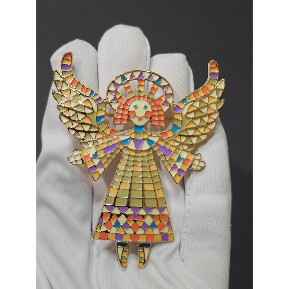 Jewelry - Angel Fairy Brooch Pin Green Enamel Stained Glass Mosaic Style Gold Tone Cottage